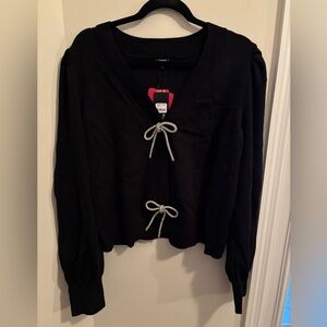 Express Women's V Neck Cropped Bow Button Cozy Knit Cardigan - Black NWT Size XL